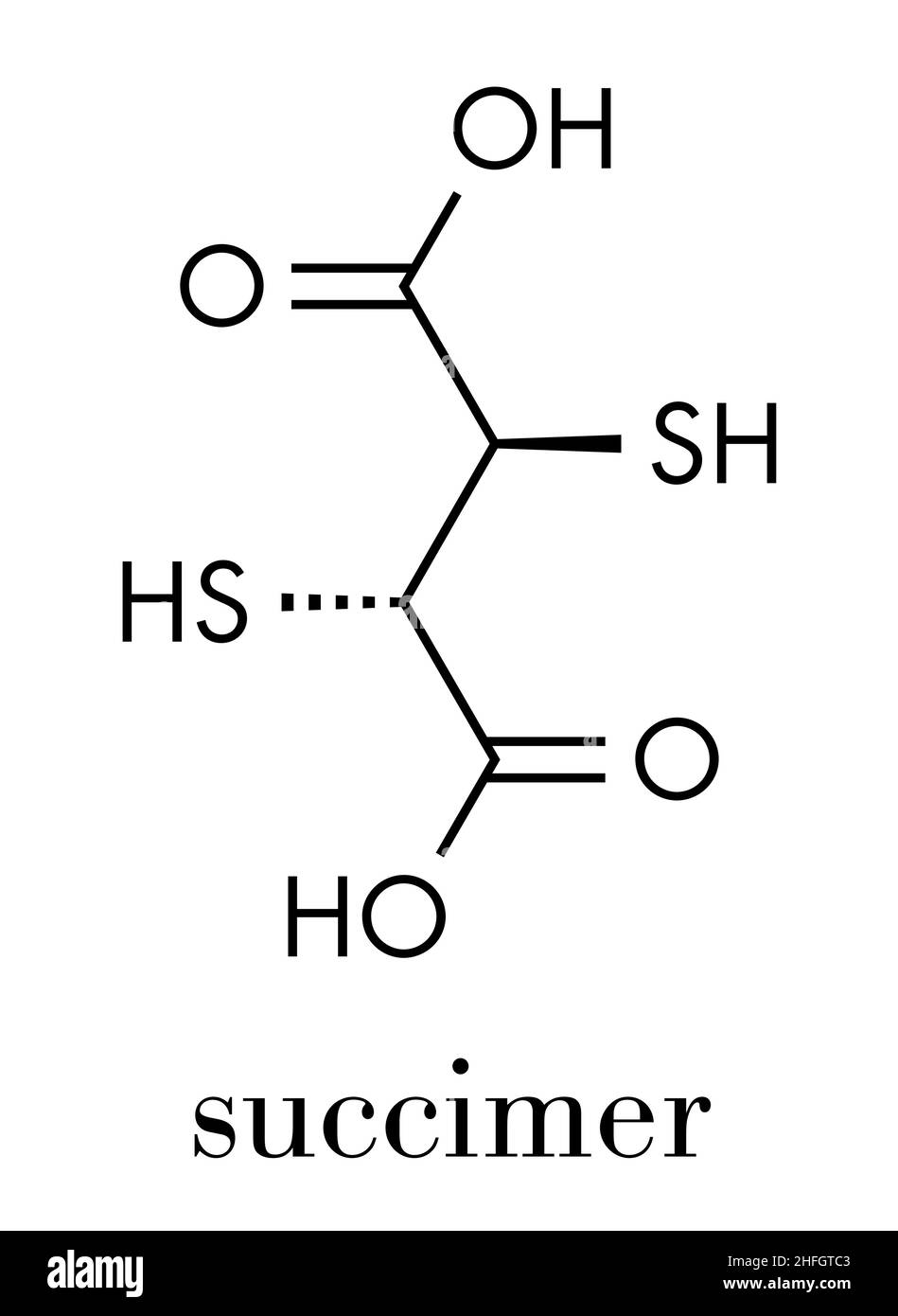 Succimer (dimercaptosuccinic acid, DMSA) lead poisoning drug molecule. Antidote used in heavy metal poisoning; acts by forming chelates with metals. S Stock Vector