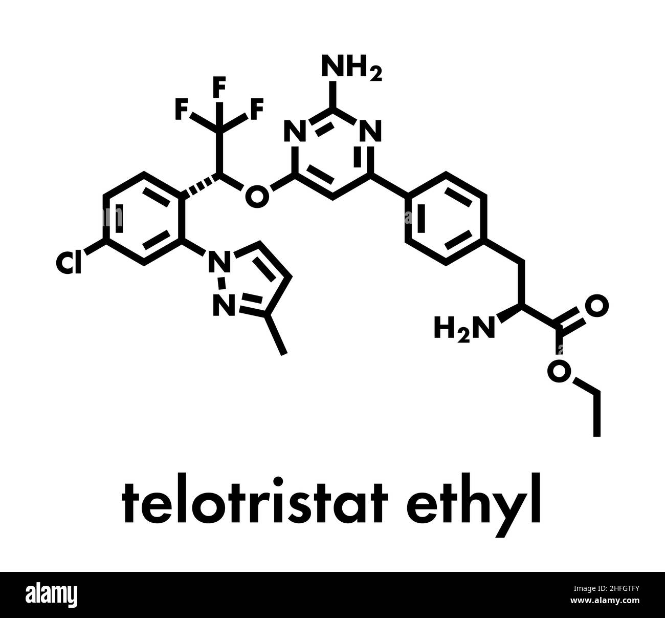 Telotristat ethyl drug molecule (tryptophan hydroxylase inhibitor). Skeletal formula. Stock Vector