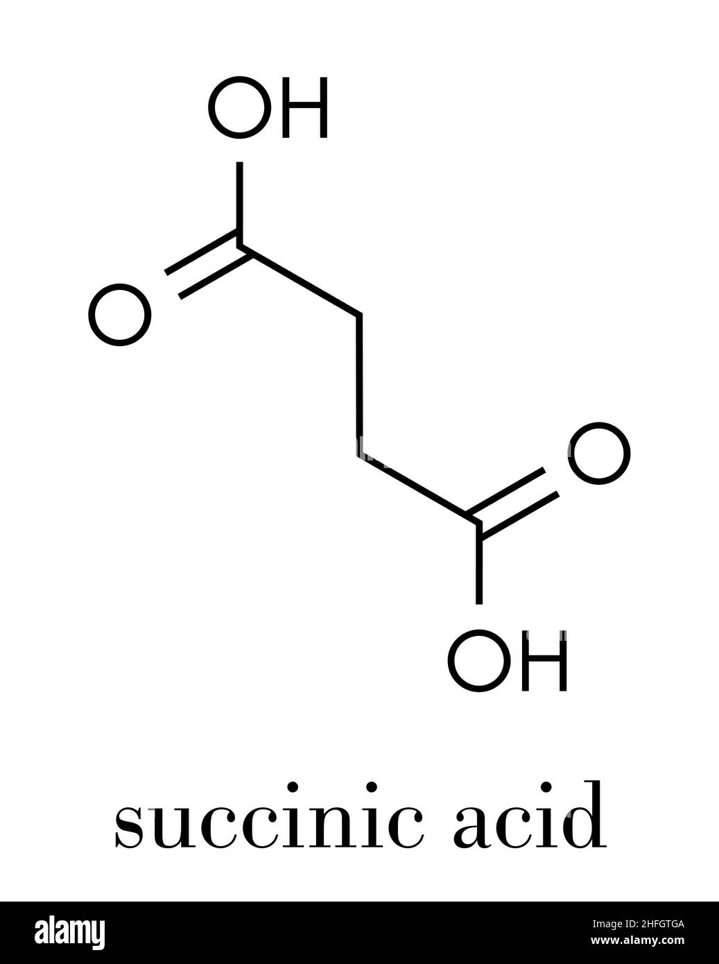Succinic acid (butanedioic acid, spirit of amber) molecule. Intermediate of citric acid cycle. Salts and esters known as succinates. Skeletal formula. Stock Vector