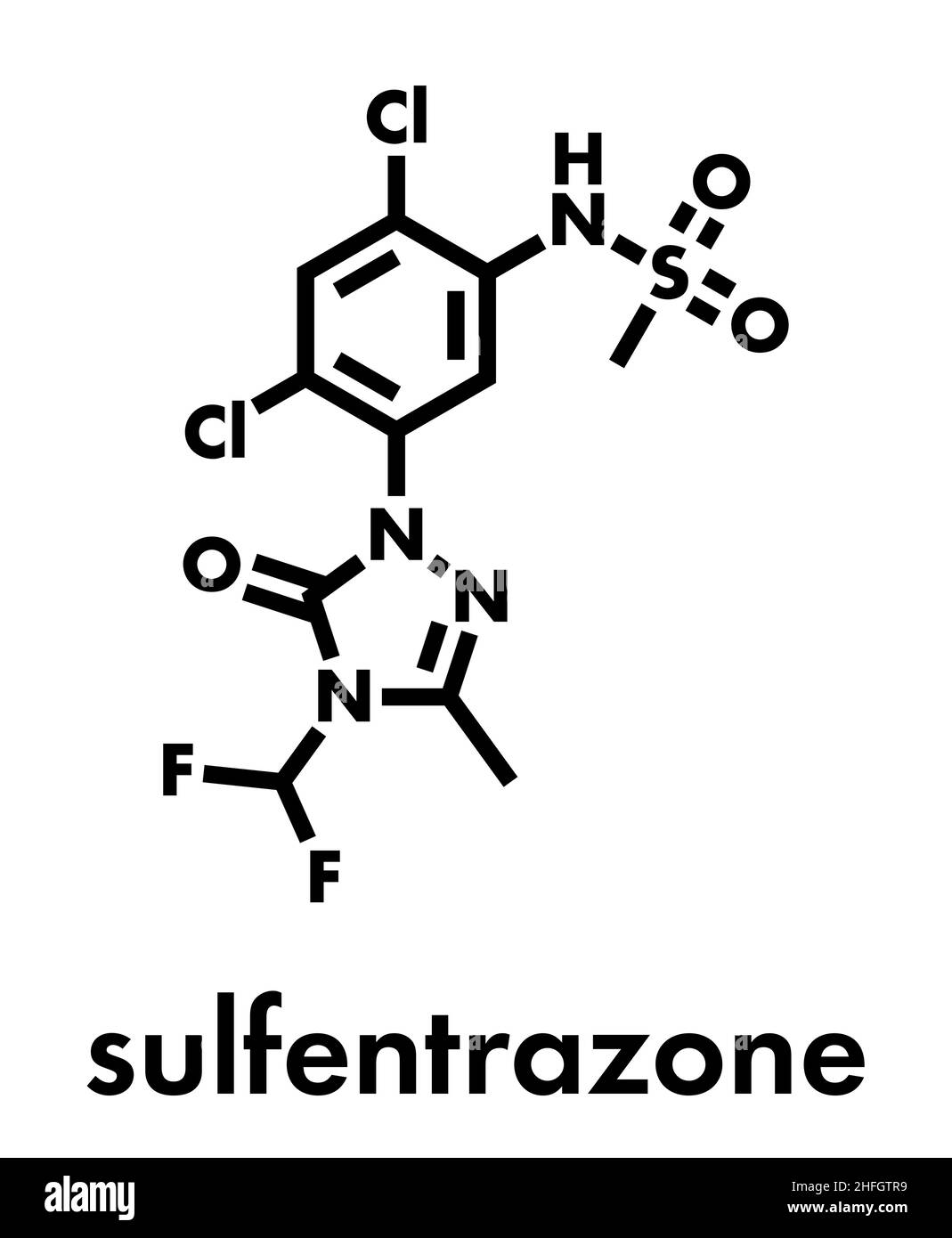 Sulfentrazone herbicide molecule. Skeletal formula. Stock Vector