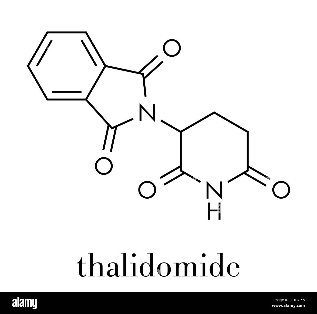 Thalidomide theratogenic drug molecule. Initially used as antiemetic to treat morning sickness in pregnant women but found to cause serious birth defe Stock Vector