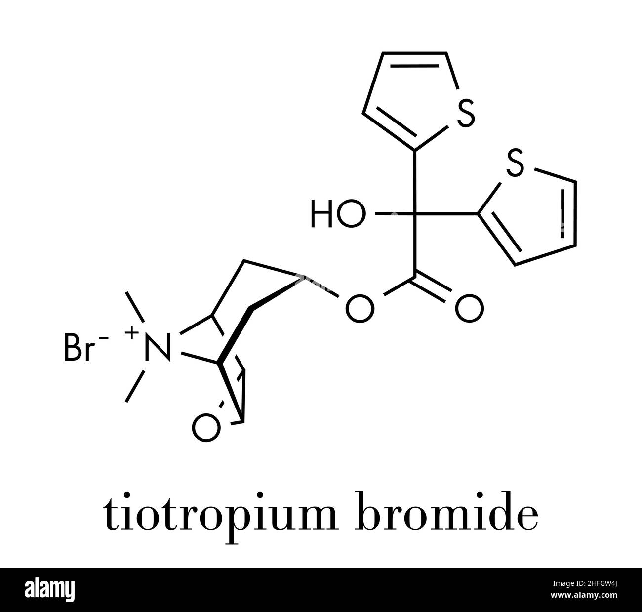 Tiotropium bromide chronic obstructive pulmonary disease (COPD) drug molecule. Skeletal formula. Stock Vector