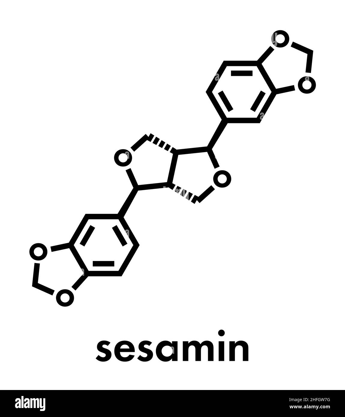 Sesamin molecule. Lignan present in sesame oil. Skeletal formula Stock