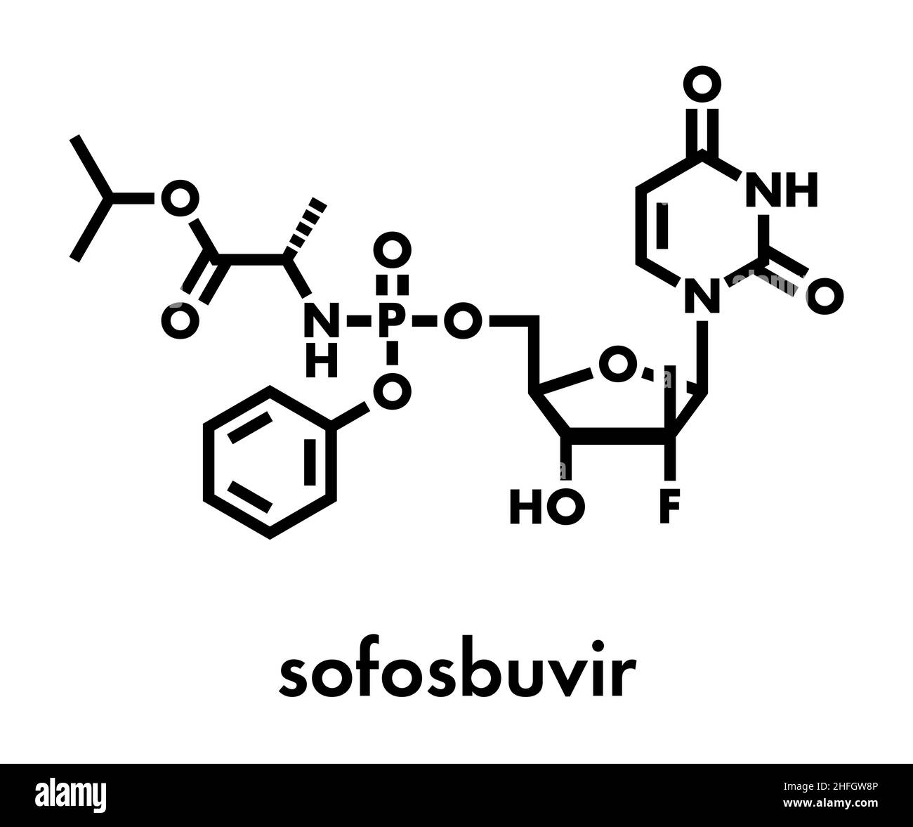 Sofosbuvir hepatitis C virus drug molecule. Skeletal formula. Stock Vector