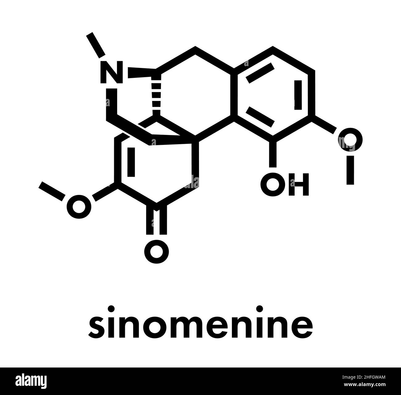 Sinomenine herbal alkaloid molecule. Isolated from Sinomenium acutum. Skeletal formula. Stock Vector