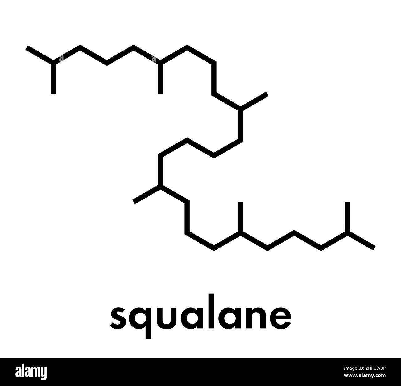 Squalane molecule. Saturated compound, derived from squalene. Used in cosmetics as emollient and moisturizer. Skeletal formula. Stock Vector