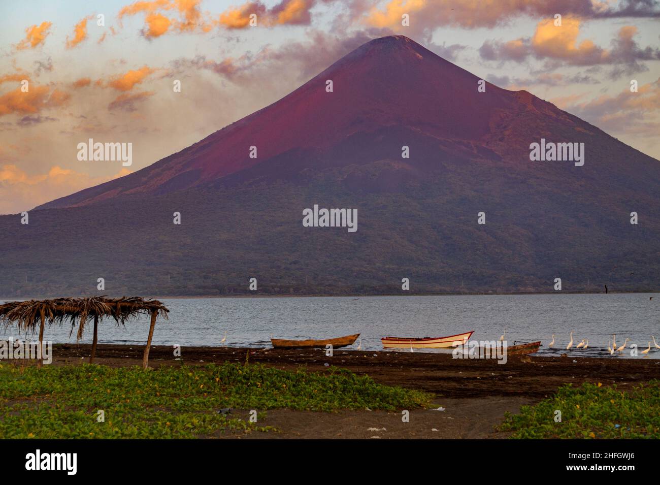 Volcan Momotombo after eruptions in 2016, on the shore of Lake Xolotlan. Stock Photo