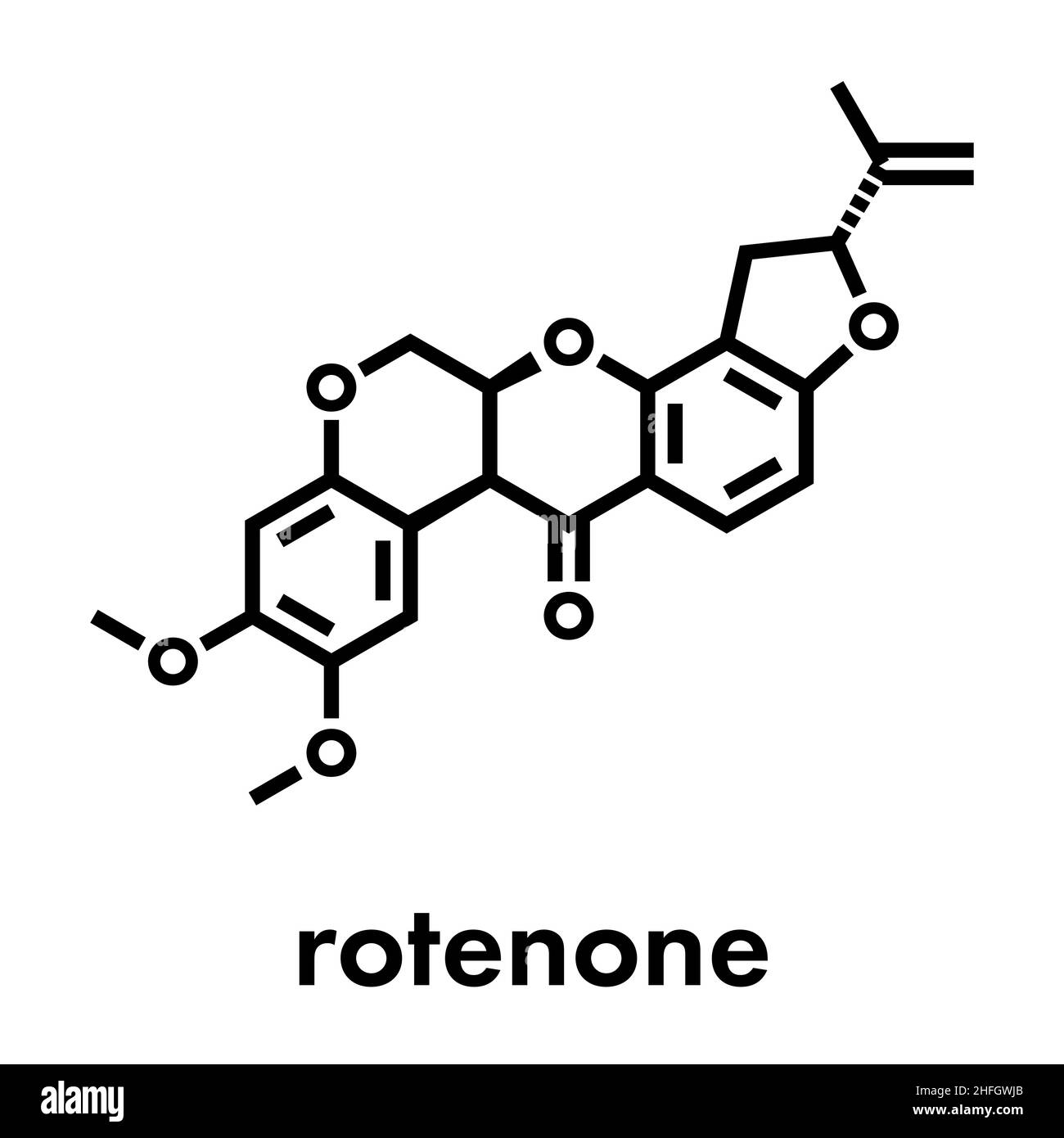 Rotenone broad-spectrum insecticide molecule. Also linked to development of Parkinson’s disease. Skeletal formula. Stock Vector