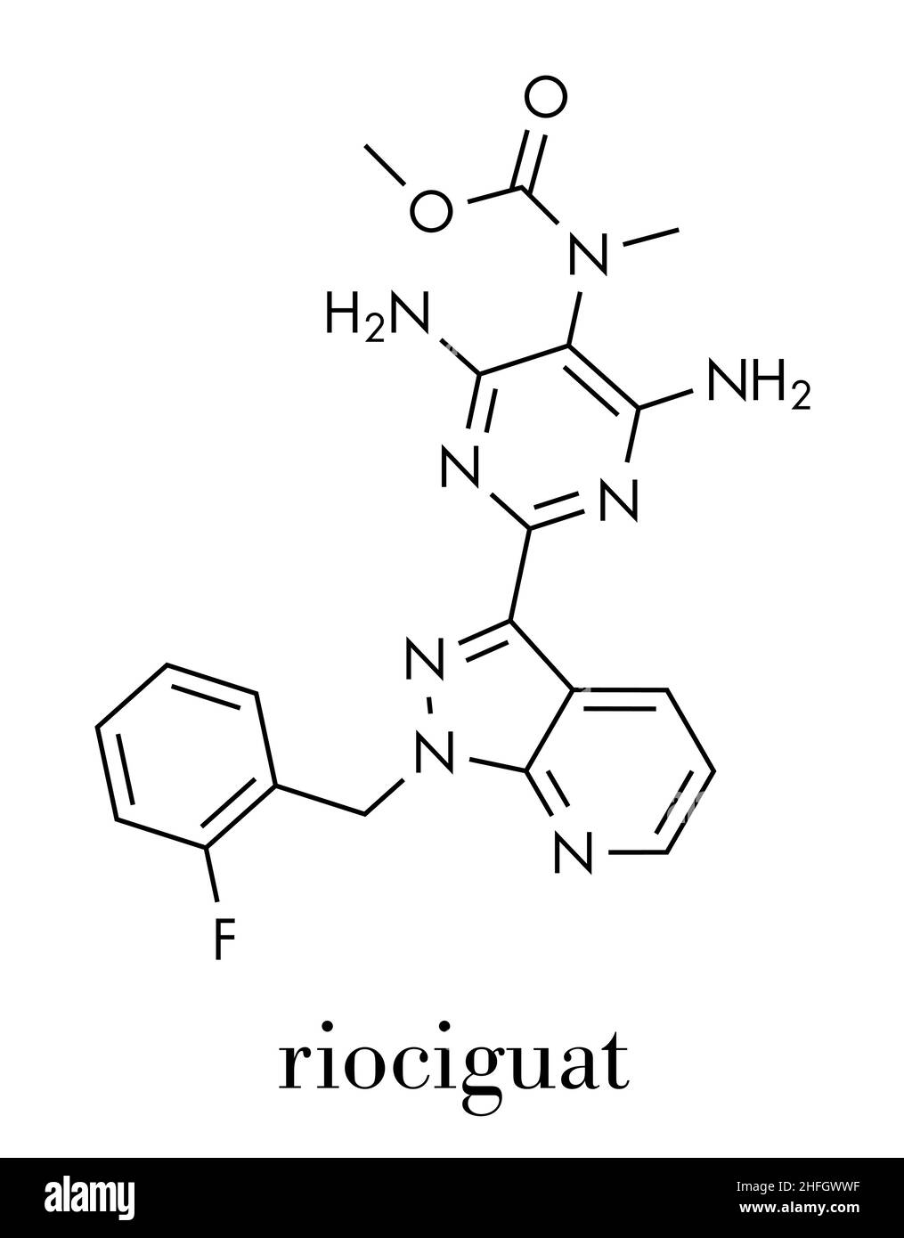 Riociguat pulmonary hypertension (PH) drug molecule. Stimulator of soluble guanylate cyclase (sGC). Skeletal formula. Stock Vector