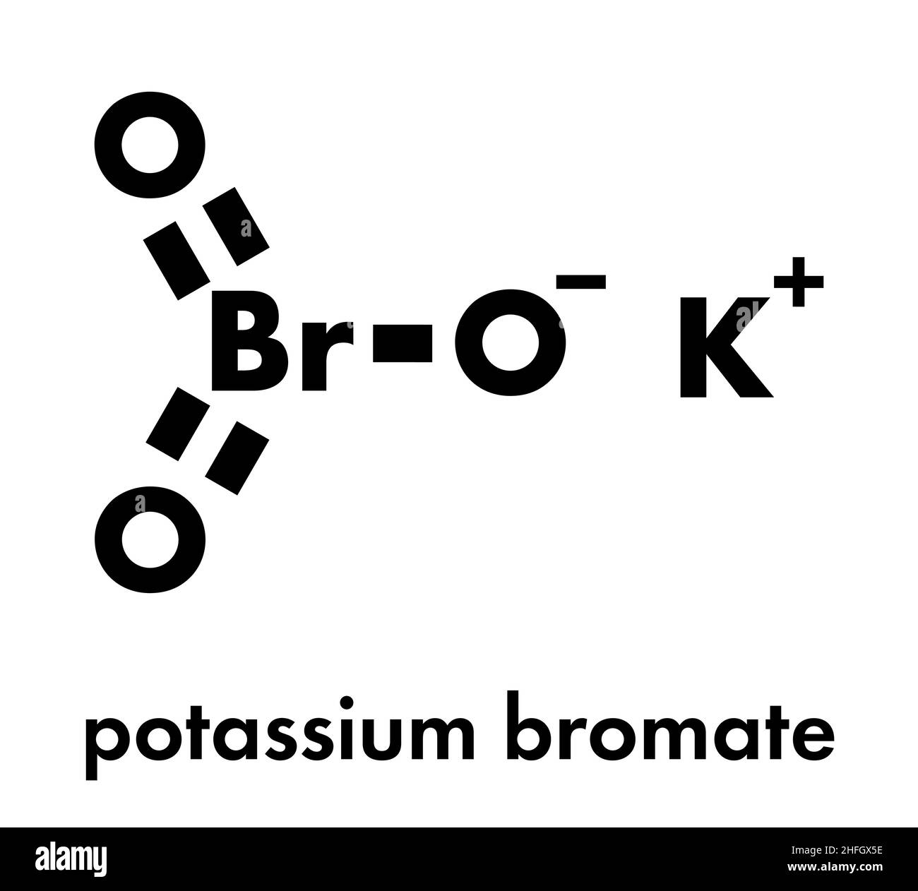 Potassium bromate (KBrO3, E924). Used as additive to flour in the baking of bread. Skeletal