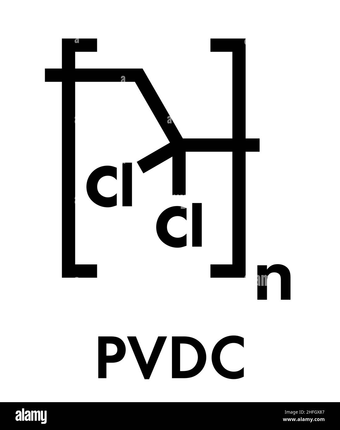 Polyvinylidene chloride (PVDC) polymer, chemical structure. Skeletal formula. Stock Vector