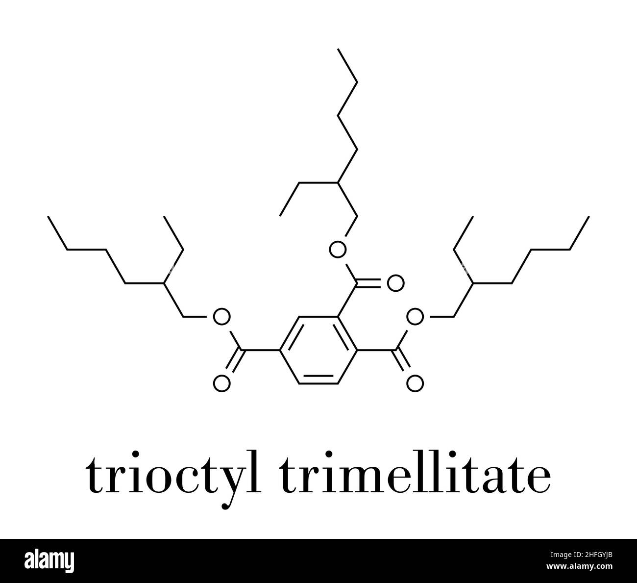 tri-octyl-trimellitate (TOTM, tris (2-ethylhexyl) trimellitate) plasticizer molecule. Alternative to phthalate plasticizers. Skeletal formula. Stock Vector