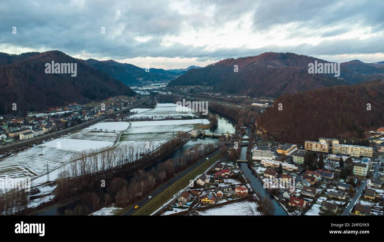 Aerial view of Gratkorn and Gratwein area in winter during sunset near of Graz Stock Photo