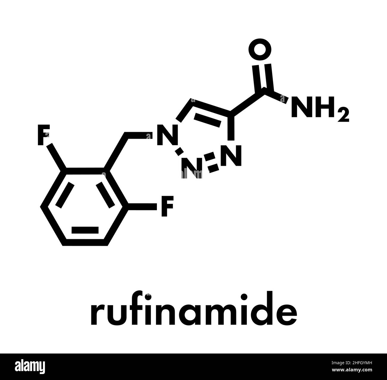 Rufinamide seizures drug molecule. Skeletal formula. Stock Vector