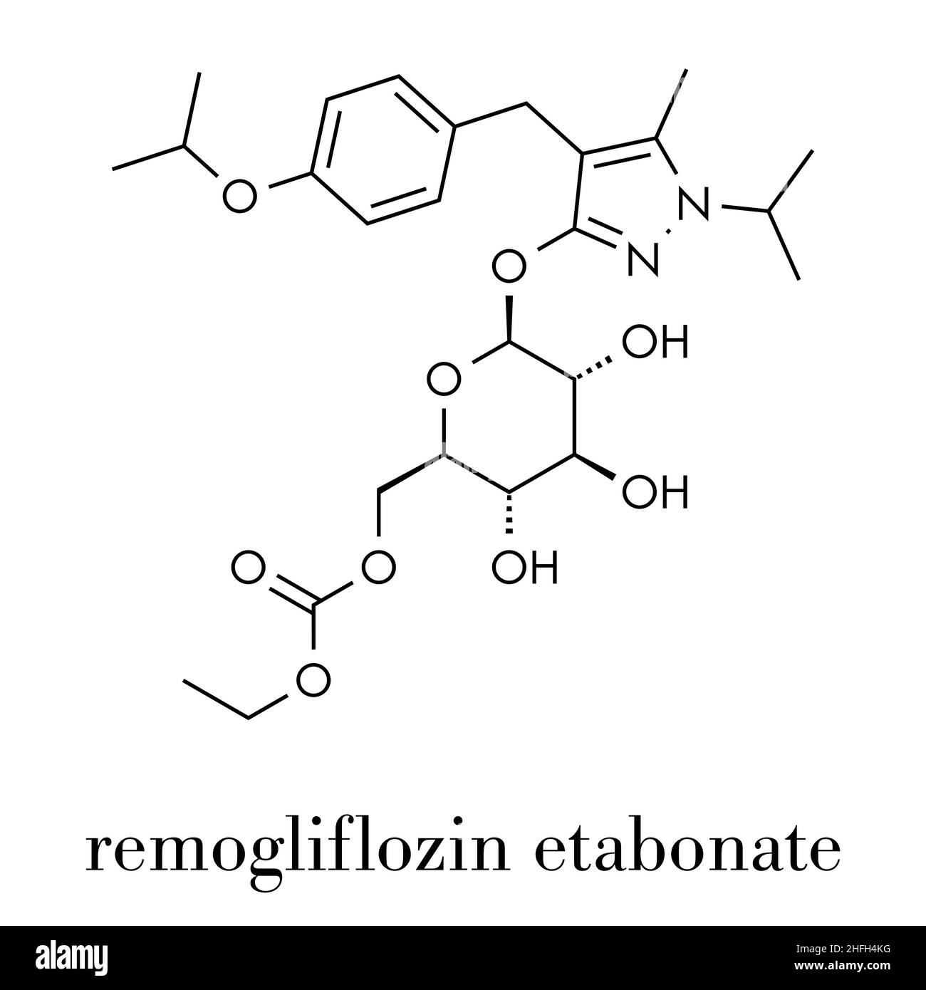 Remogliflozin etabonate drug molecule. Skeletal formula. Stock Vector