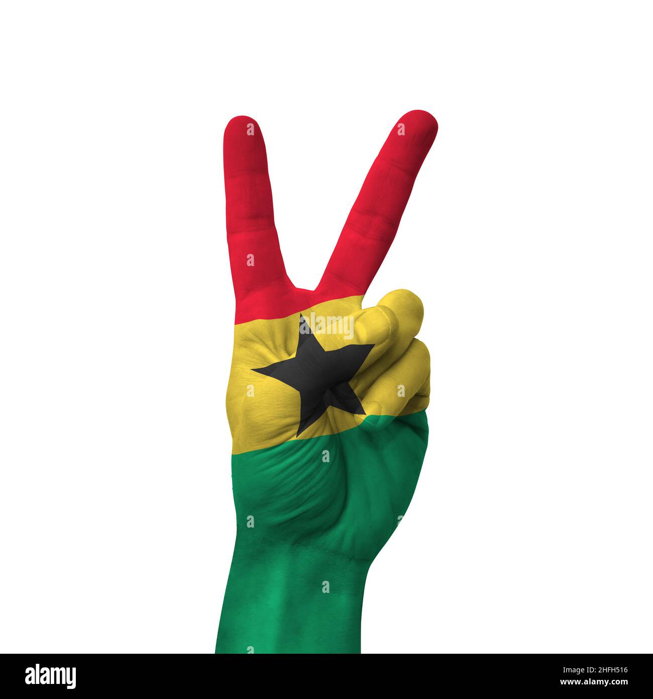 Hand making victory sign, ghana painted with flag as symbol of victory, win, success - isolated on white background Stock Photo