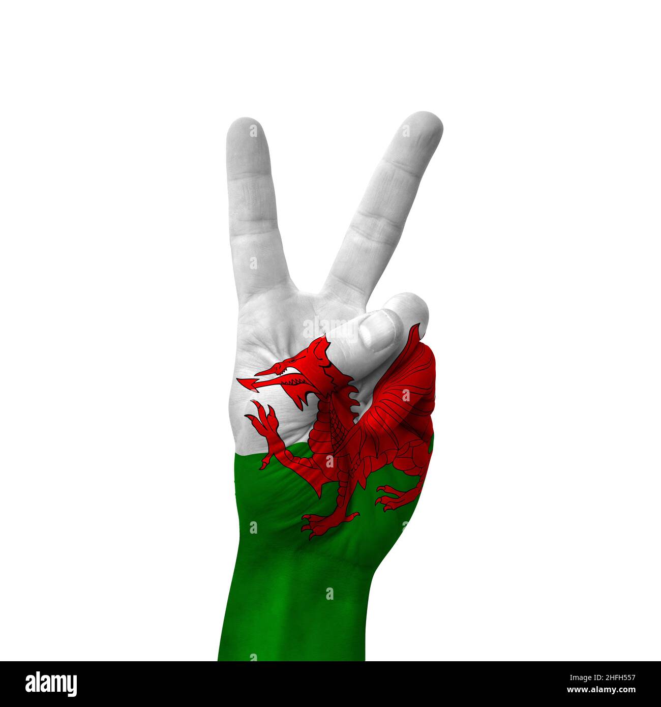 Hand making victory sign, wales painted with flag as symbol of victory ...