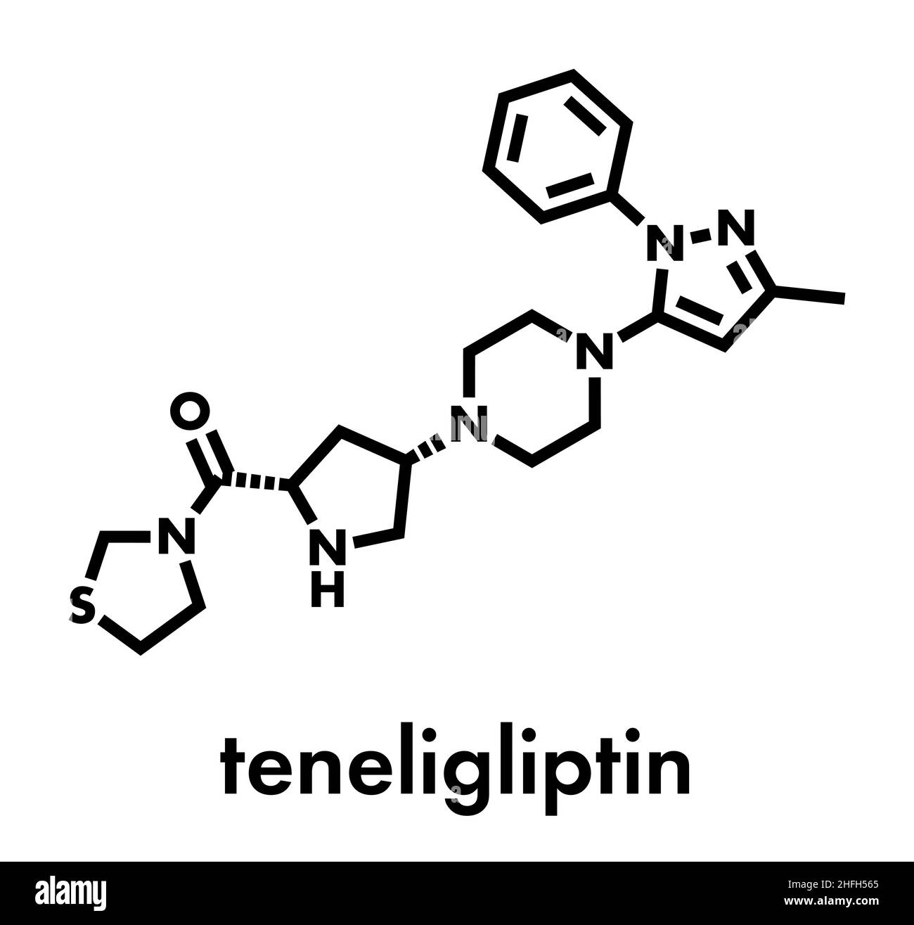 Teneligliptin diabetes drug molecule. Skeletal formula. Stock Vector