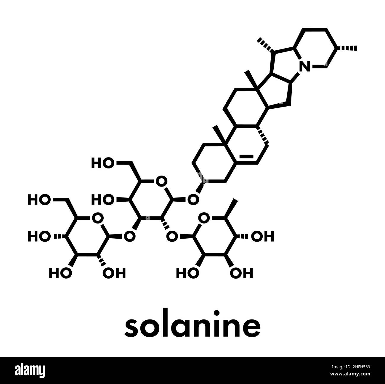 Solanine nightshade poison molecule. Present in potatoes, especially in the green parts. Skeletal formula. Stock Vector