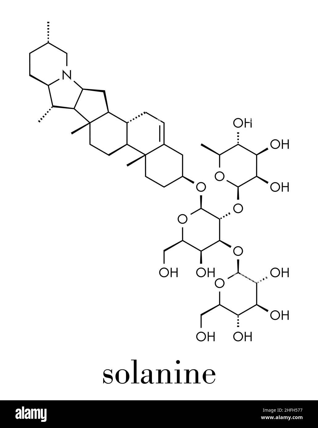 Solanine nightshade poison molecule. Present in potatoes, especially in the green parts. Skeletal formula. Stock Vector