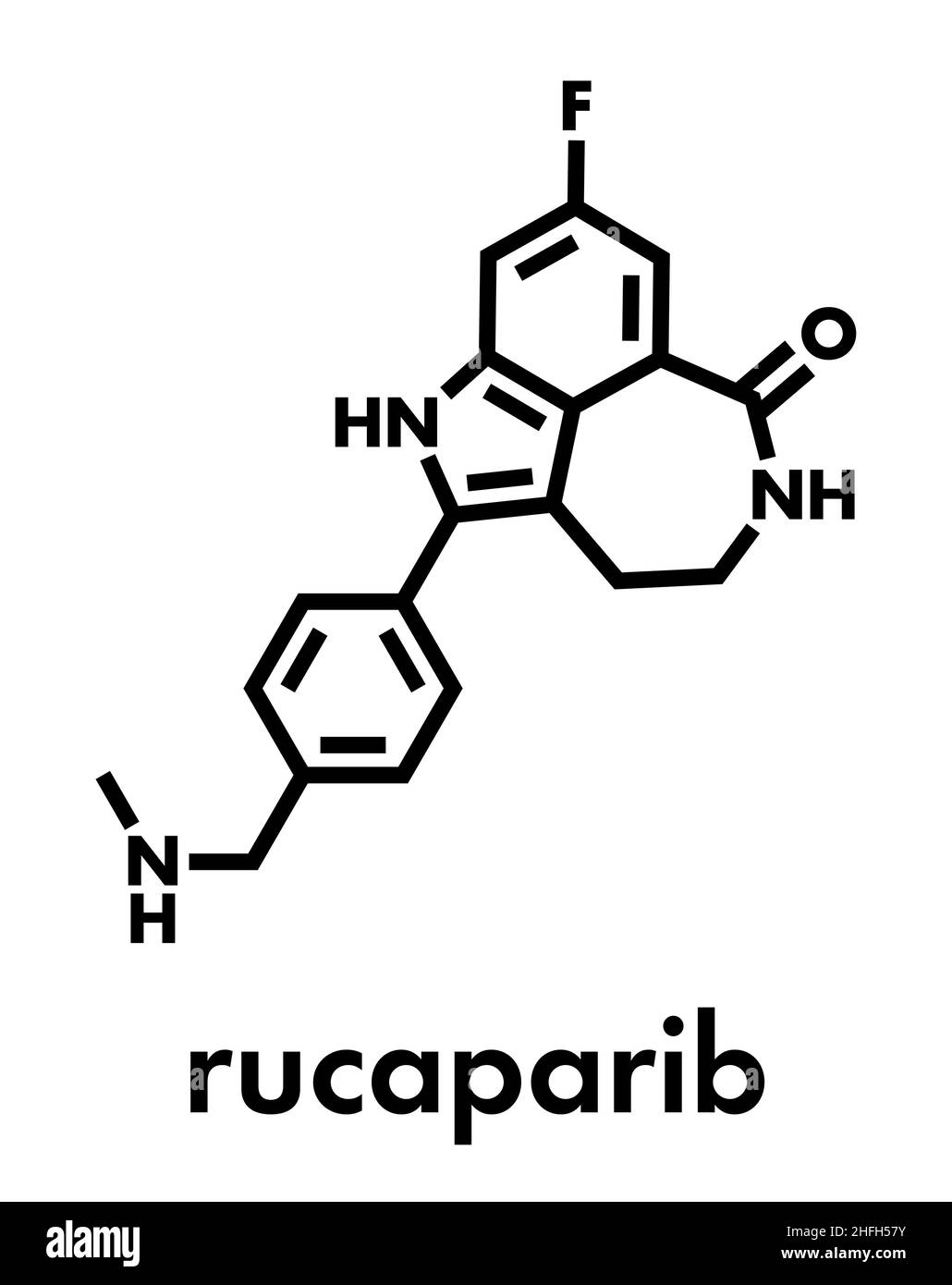 Rucaparib cancer drug molecule (PARP1 inhibitor). Skeletal formula. Stock Vector