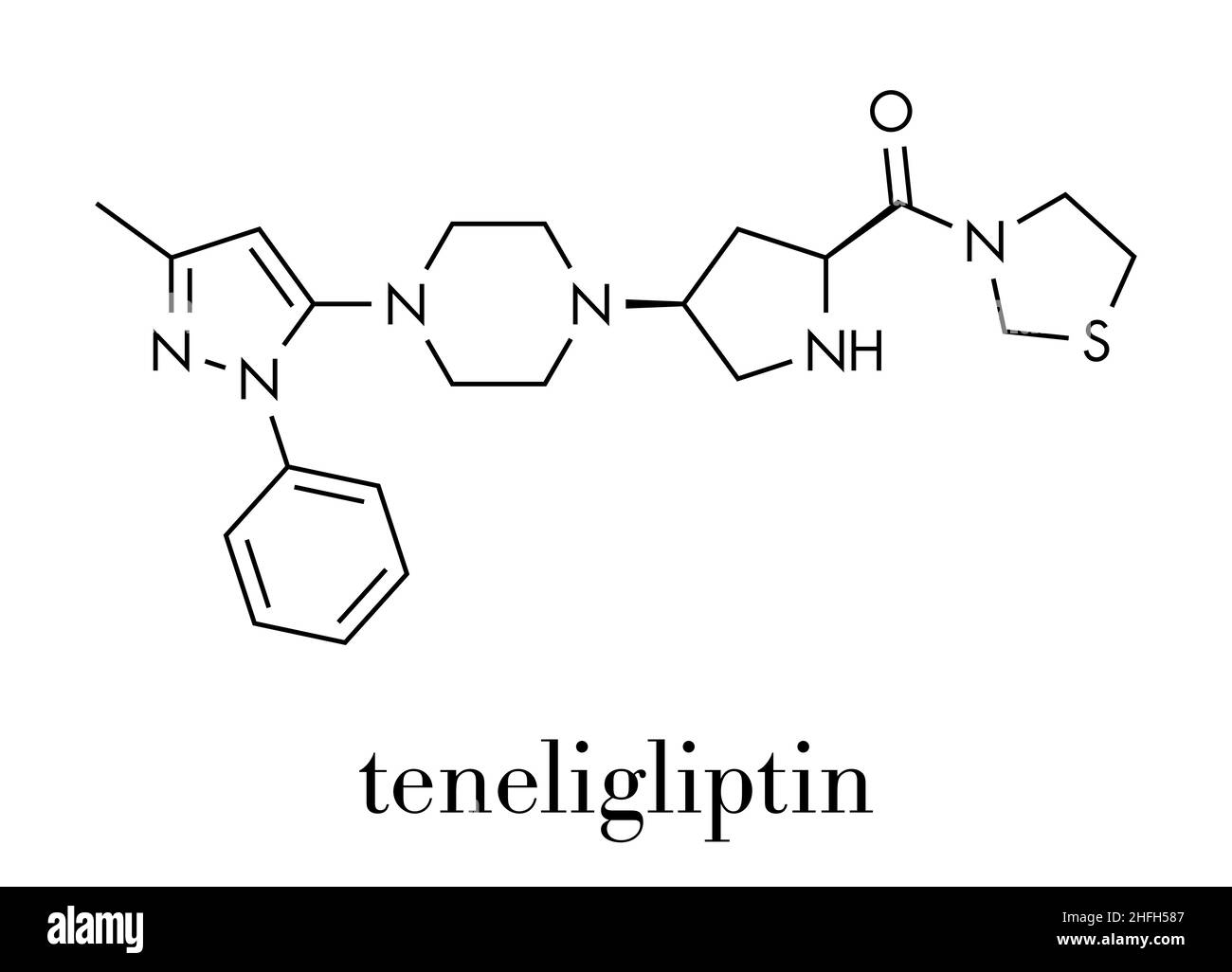 Teneligliptin diabetes drug molecule. Skeletal formula. Stock Vector
