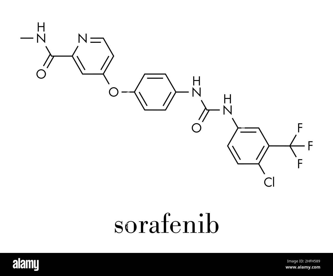 Sorafenib cancer drug molecule. Tyrosine kinase inhibitor (TKI). Skeletal formula. Stock Vector