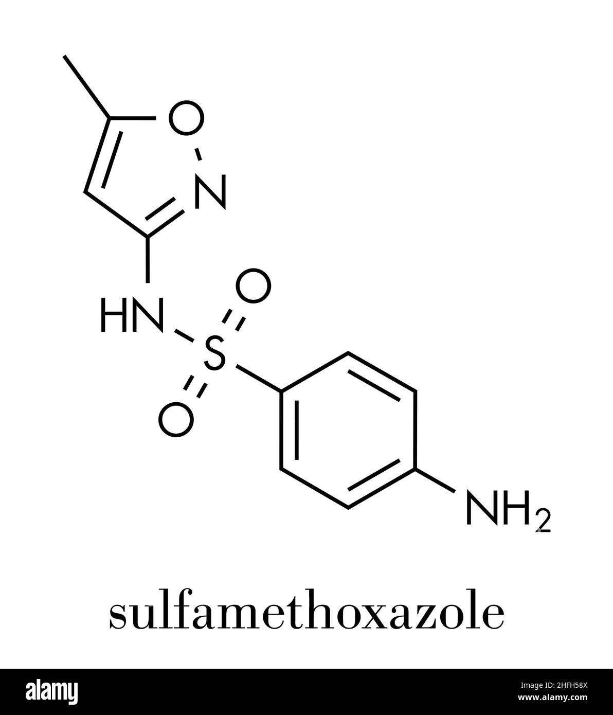 Sulfamethoxazole antibiotic drug molecule (sulfonamide class). Commonly used to treat urinary