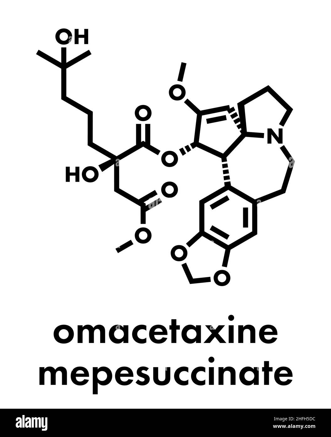 Omacetaxine mepesuccinate cancer drug molecule. Used in treatment of chronic myelogenous leukemia (CML). Skeletal formula. Stock Vector