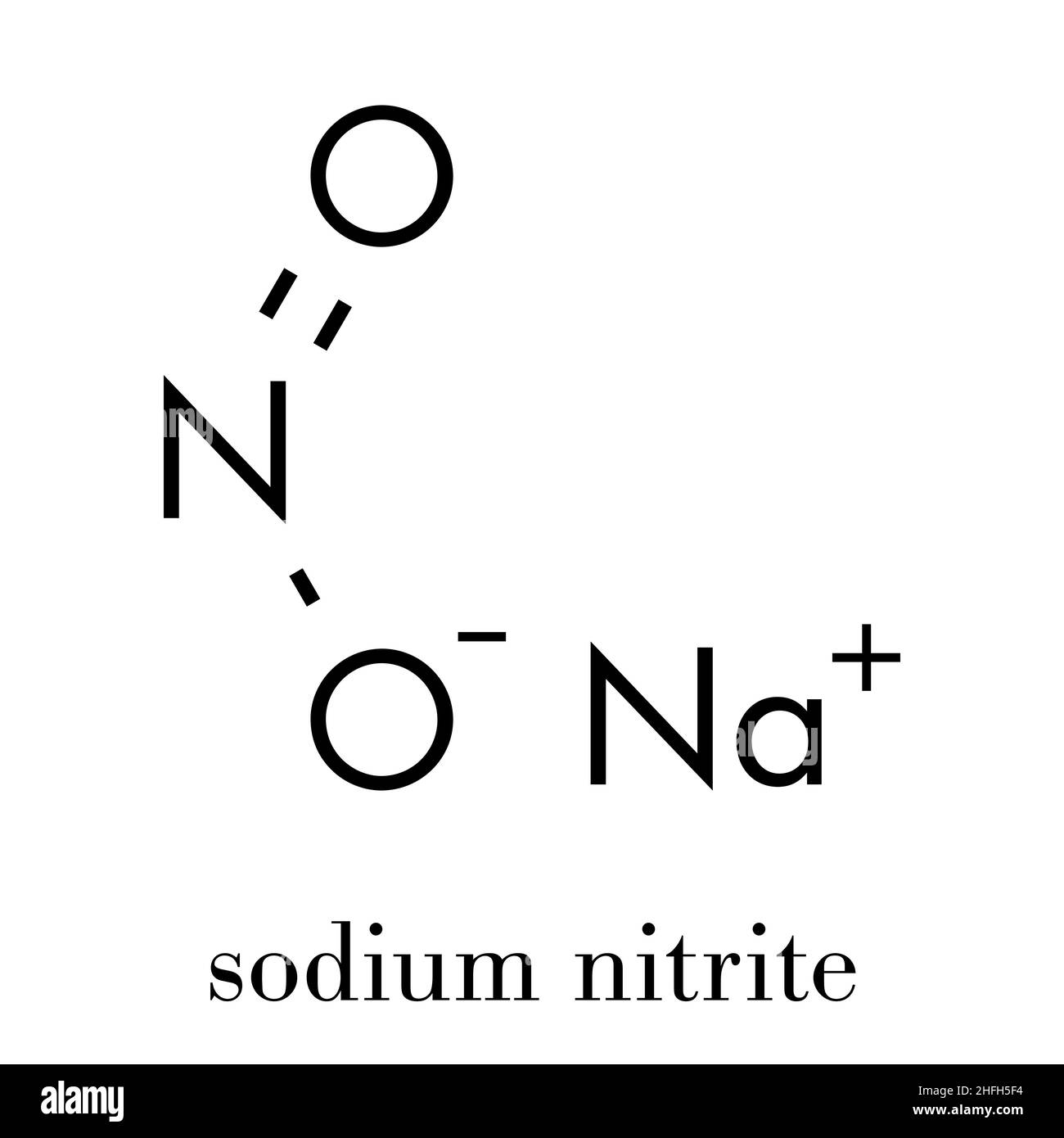 Sodium nitrite, chemical structure. Used in the curing of meat. Skeletal formula. Stock Vector
