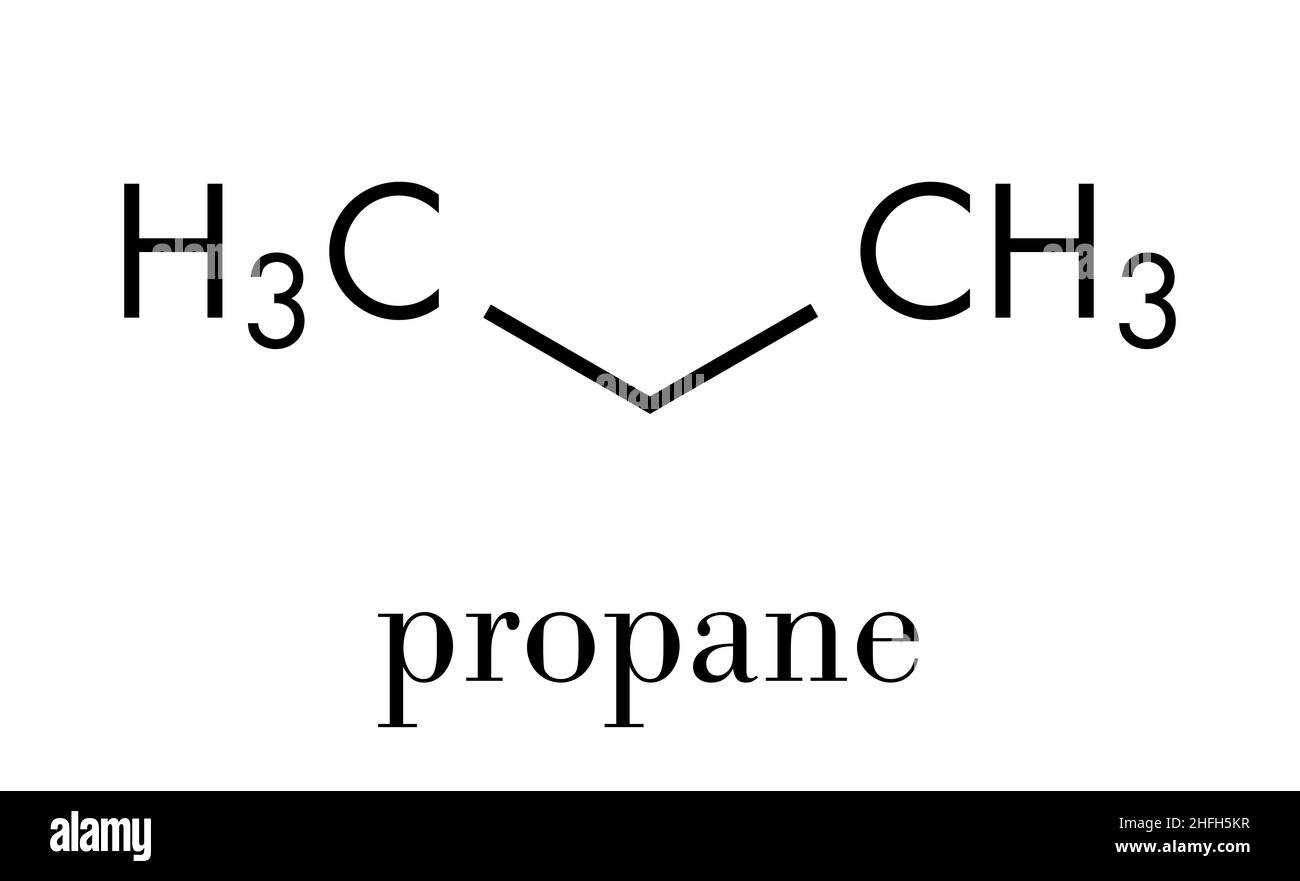 Propane hydrocarbon molecule. Alkane used as fuel in portable stoves, gas blowtorches, cars, etc. Skeletal formula. Stock Vector