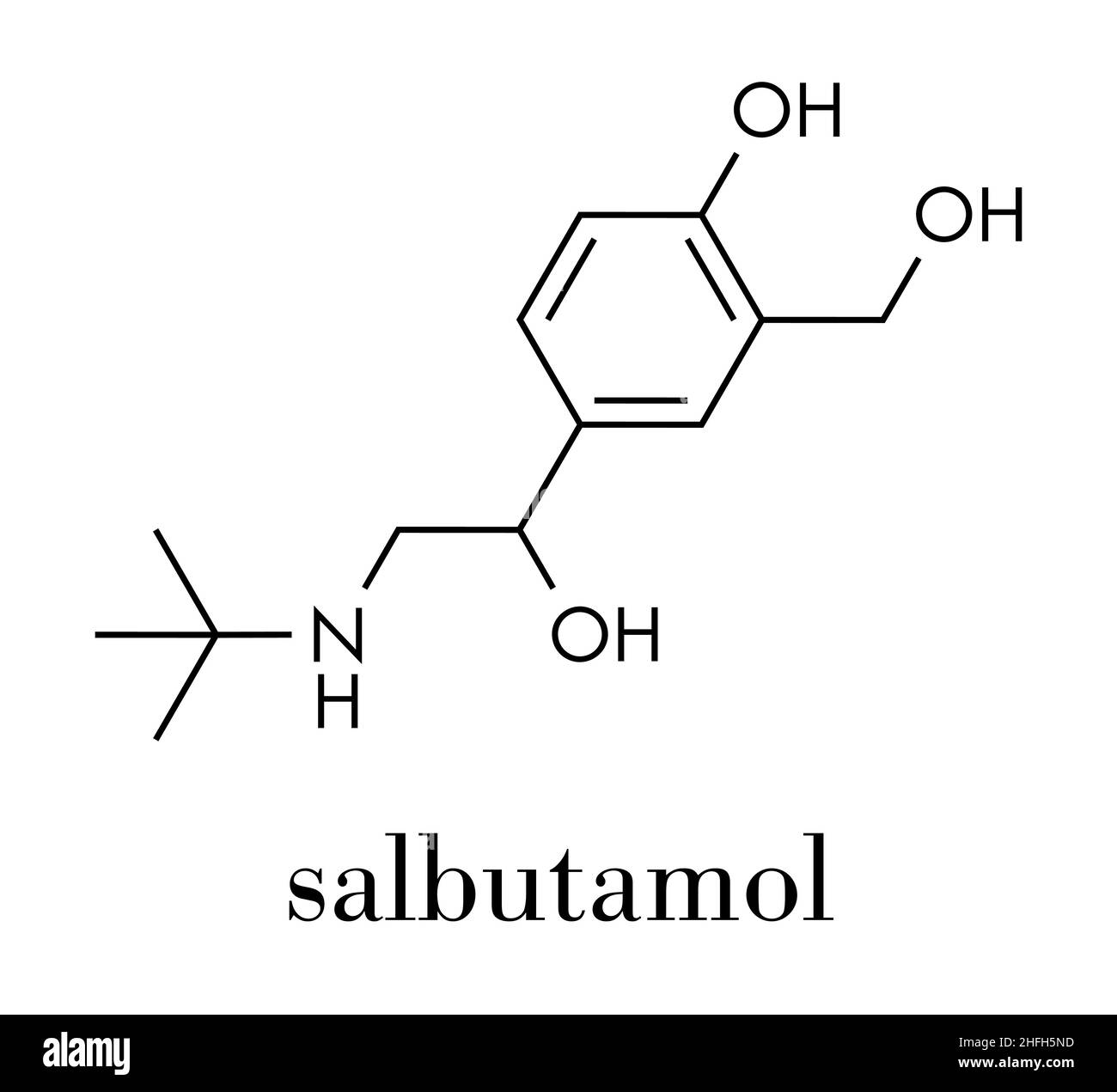 Salbutamol (albuterol) asthma drug molecule. Often administered via inhaler. Skeletal formula. Stock Vector