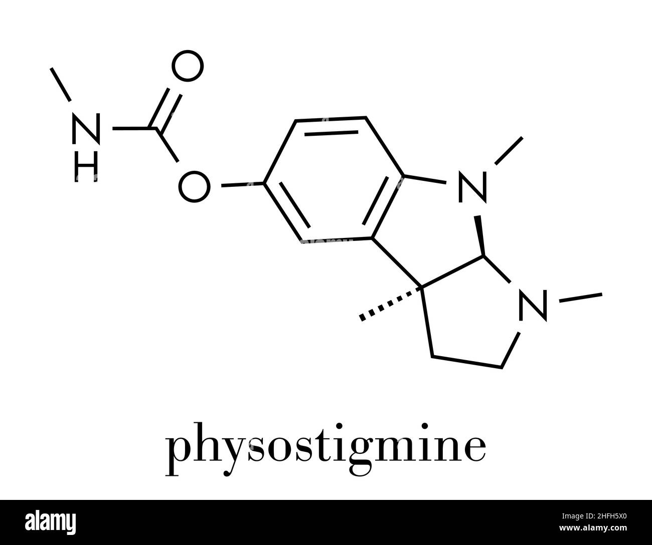 Physostigmine alkaloid molecule. Present in calabar bean and manchineel tree, acts as acetylcholinesterase inhibitor. Skeletal formula. Stock Vector
