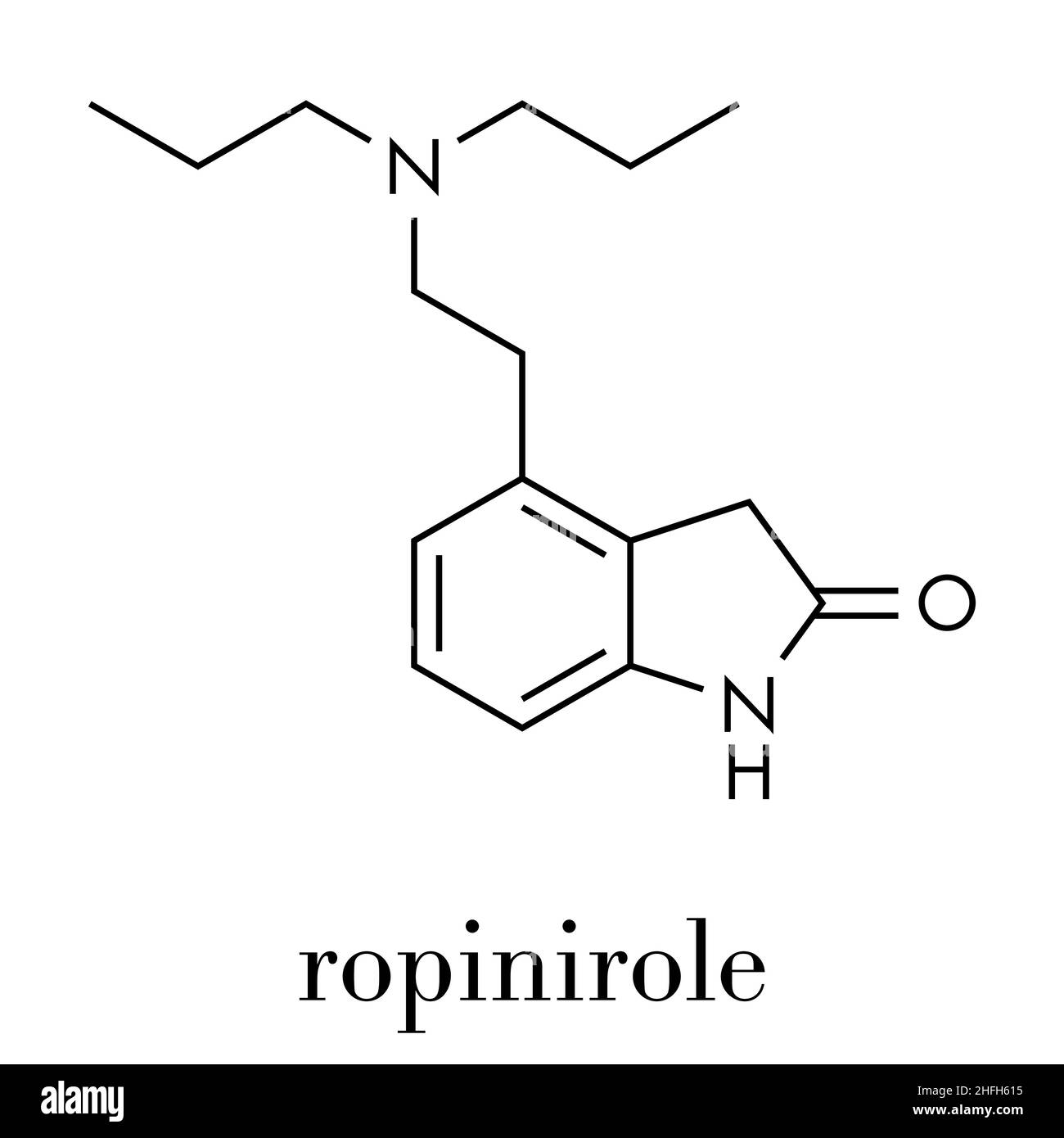 Ropinirole drug molecule. Skeletal formula. Stock Vector
