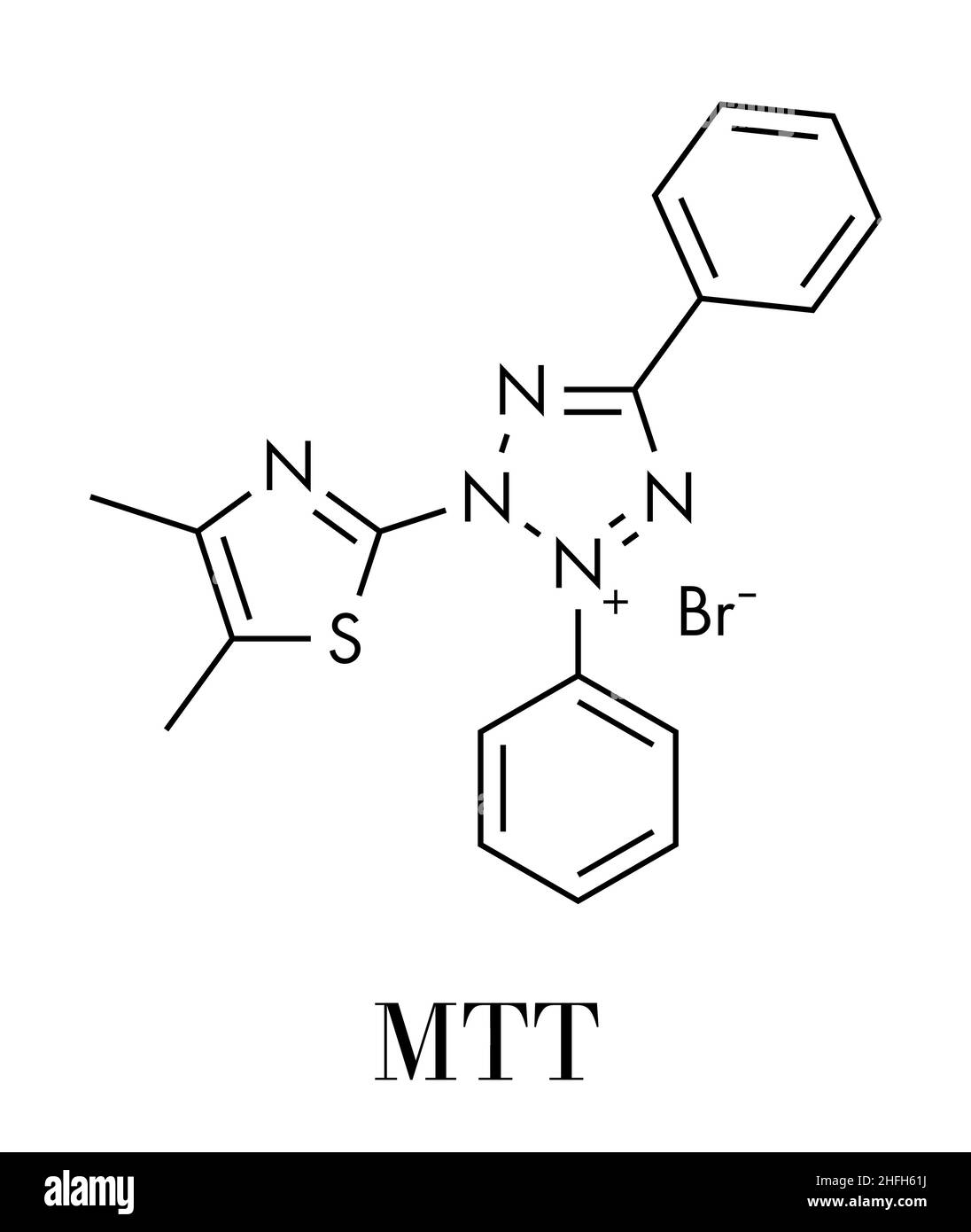 MTT yellow tetrazole dye molecule. Used in MTT assay, used to measure cytotoxicity and cell metabolic activity.  Skeletal formula. Stock Vector