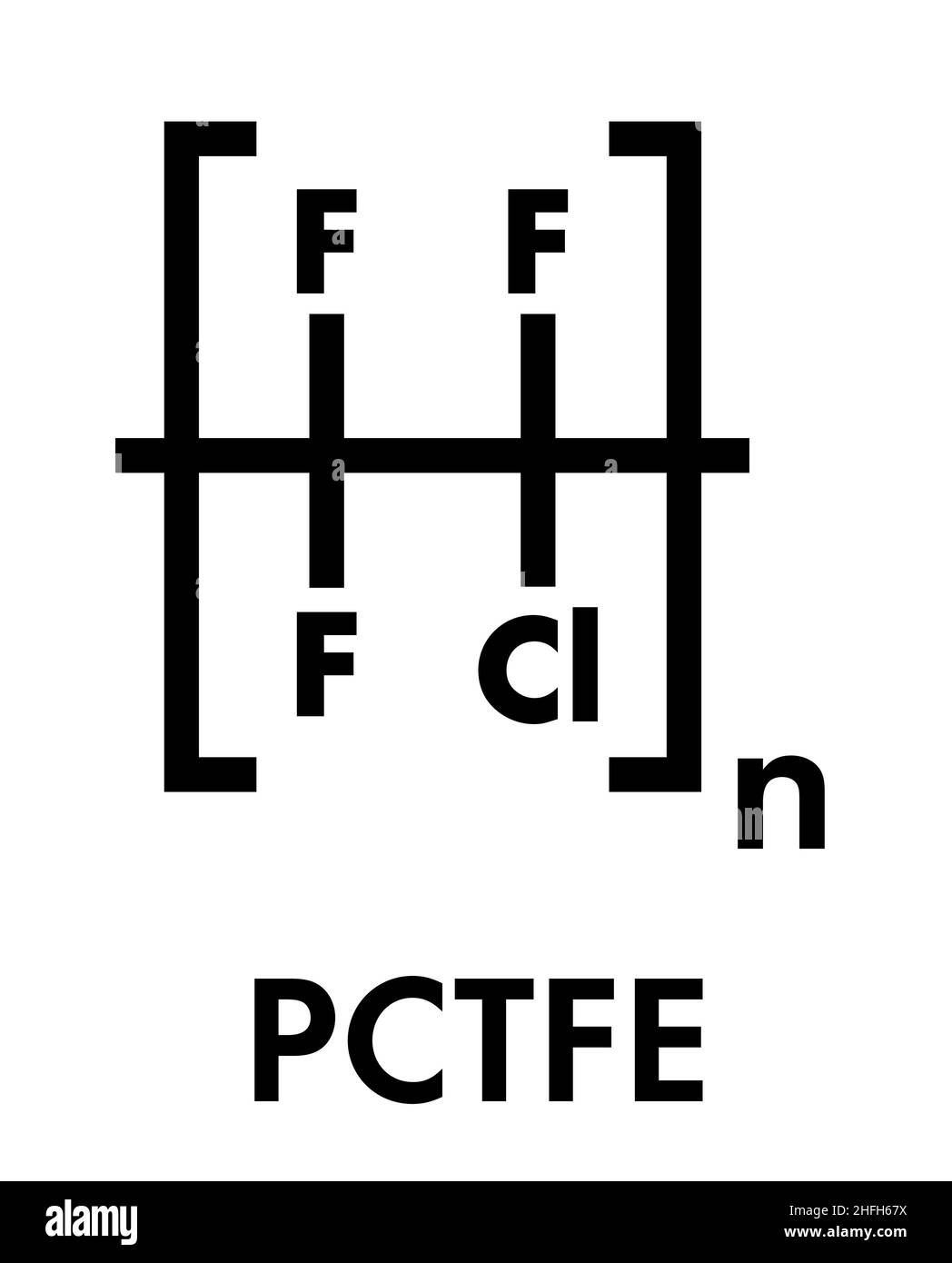 Polychlorotrifluoroethylene (PCTFE) polymer, chemical structure. Homopolymer of chlorotrifluoroethylene. Skeletal formula. Stock Vector