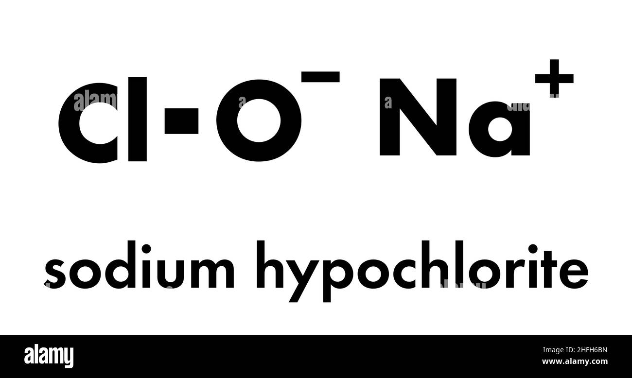 Sodium hypochlorite (NaOCl) molecule. Aqueous solution is known as (liquid) bleach. Skeletal formula. Stock Vector