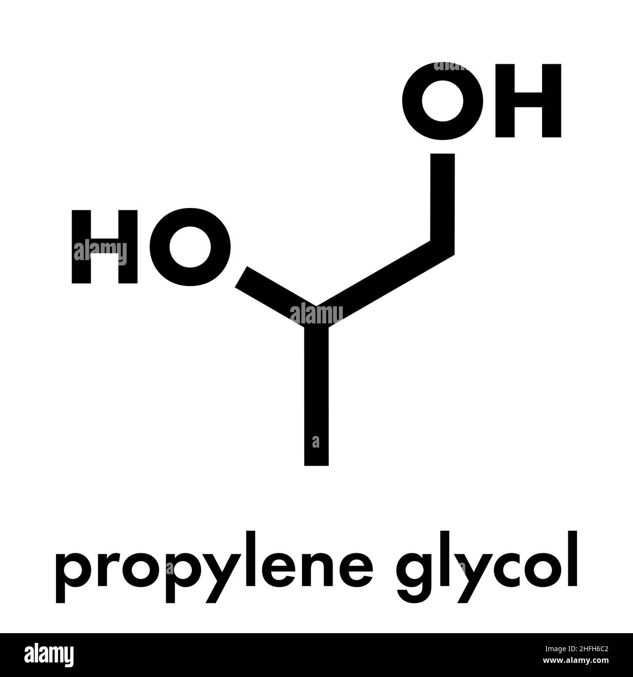 Propylene glycol (1,2-propanediol) molecule. Used as solvent in pharmaceutical drugs, as food additive, in de-icing solutions, etc Skeletal formula. Stock Vector