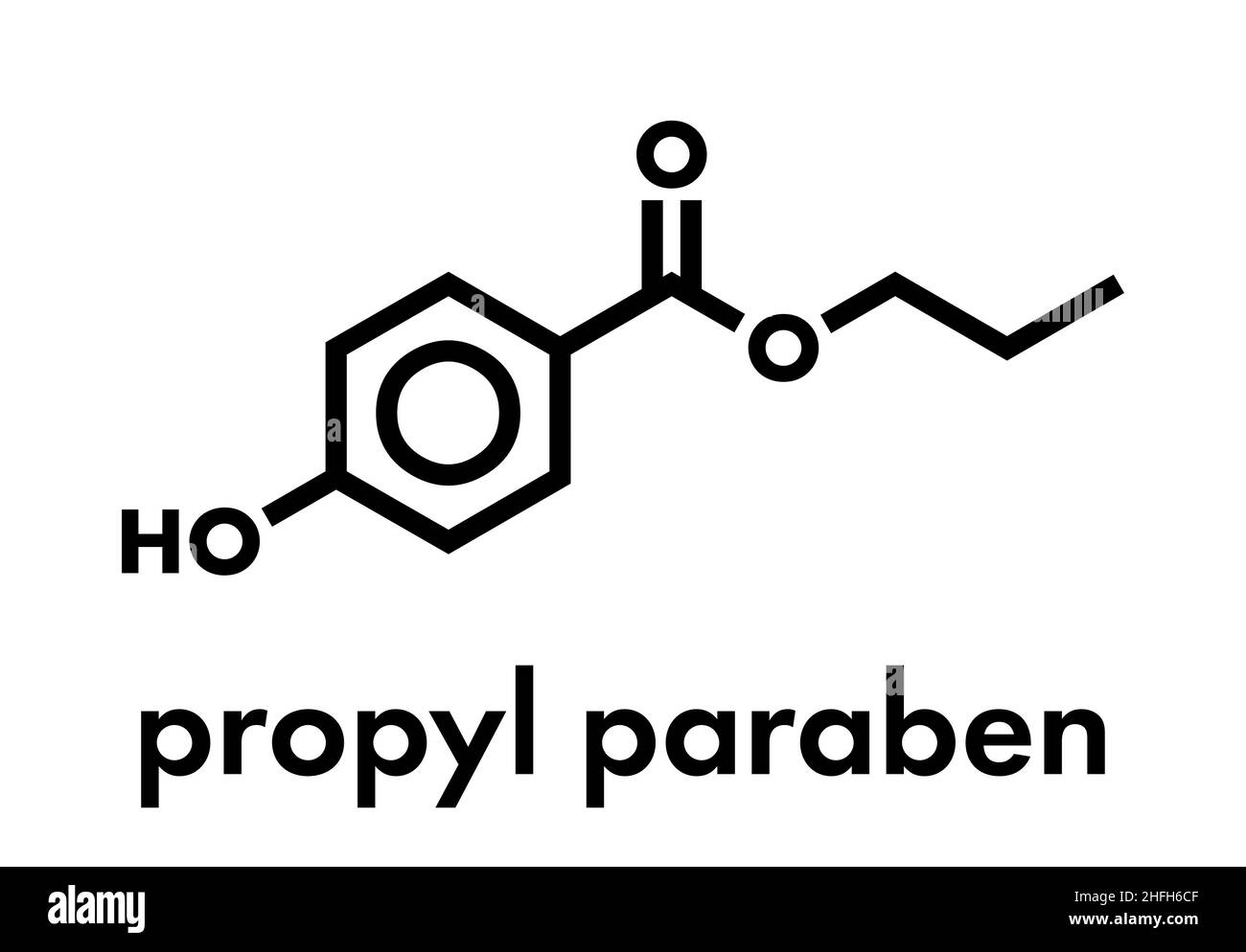 Propyl paraben preservative molecule. Used in food and cosmetics. Skeletal formula. Stock Vector