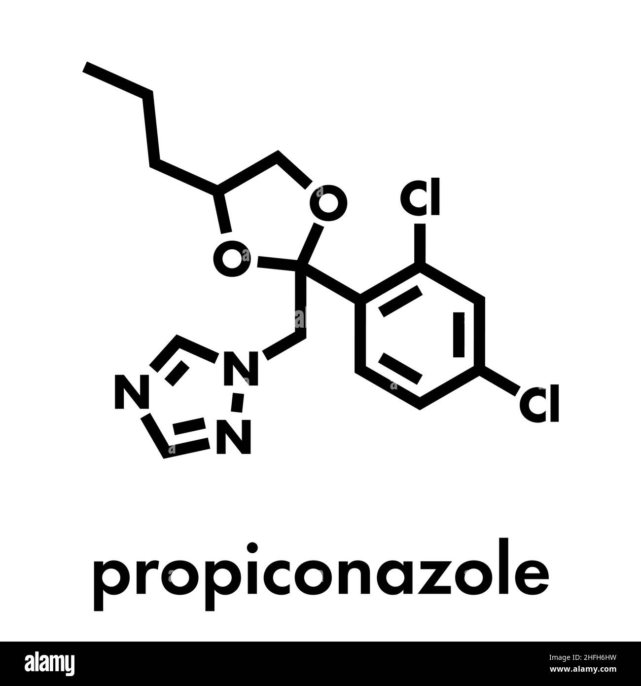 Propiconazole antifungal molecule (triazole class). Skeletal formula. Stock Vector