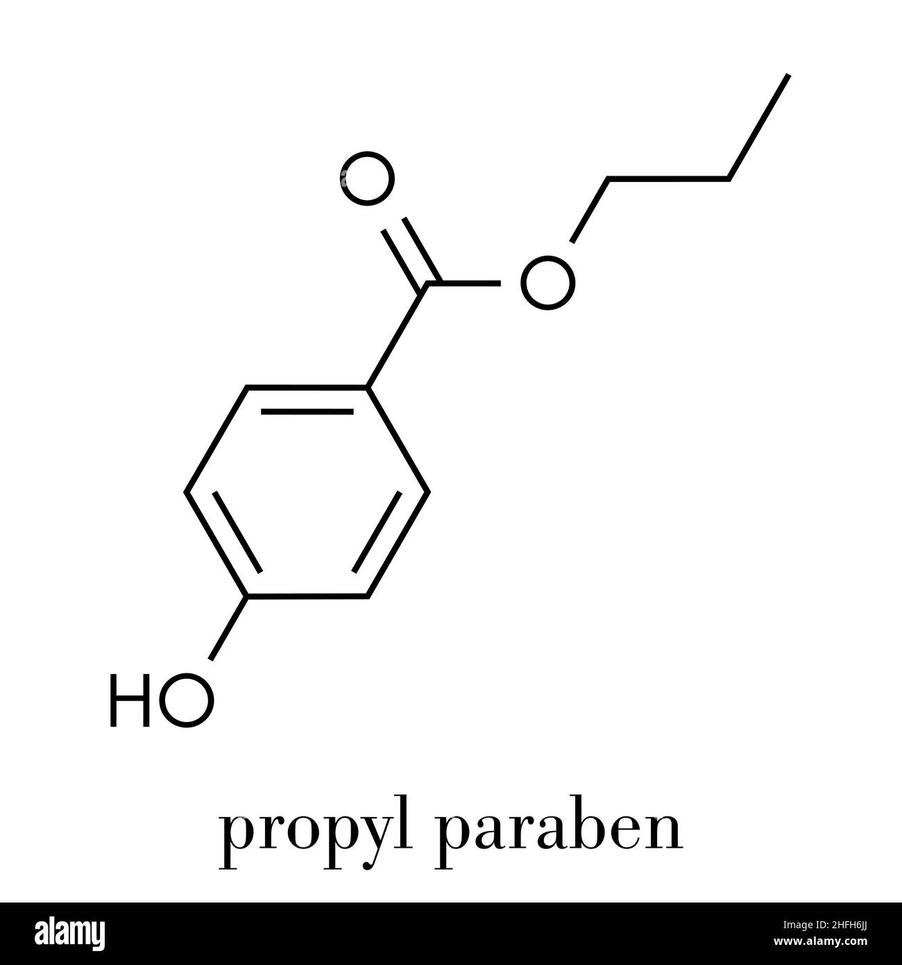 Propyl paraben preservative molecule. Used in food and cosmetics. Skeletal formula. Stock Vector