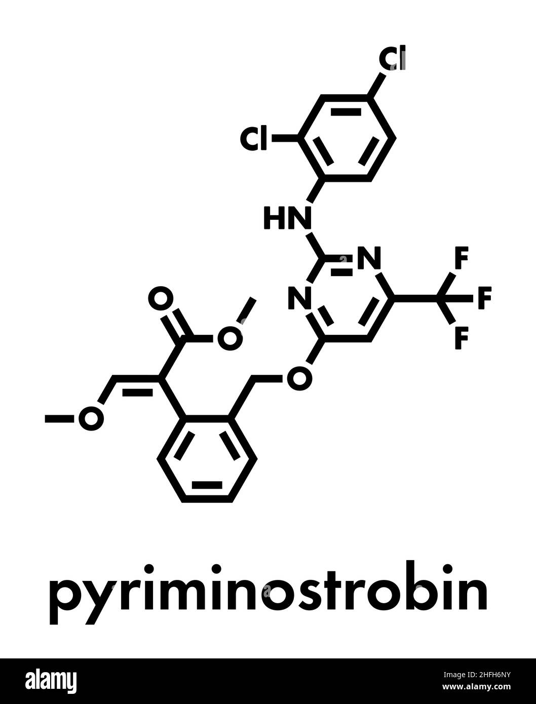 Pyriminostrobin insecticide molecule. Skeletal formula. Stock Vector