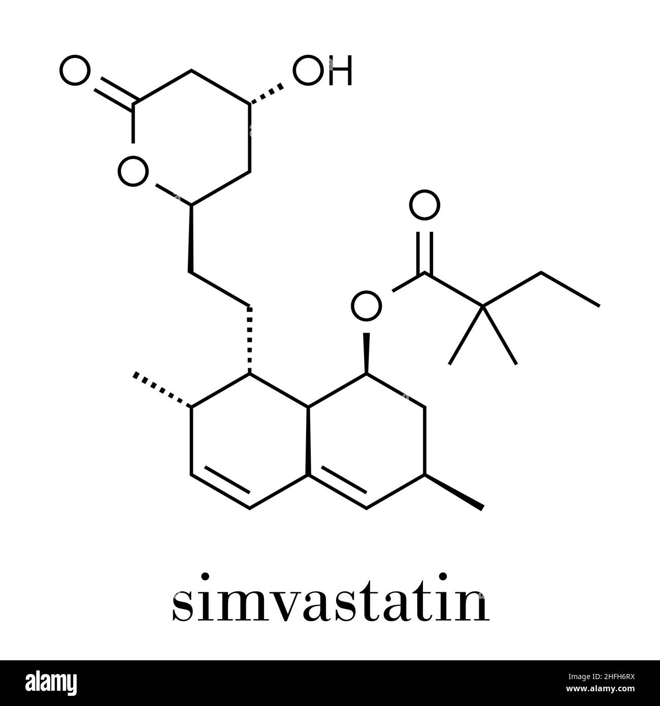 Simvastatin cholesterol lowering drug (statin class) molecule. Skeletal formula. Stock Vector