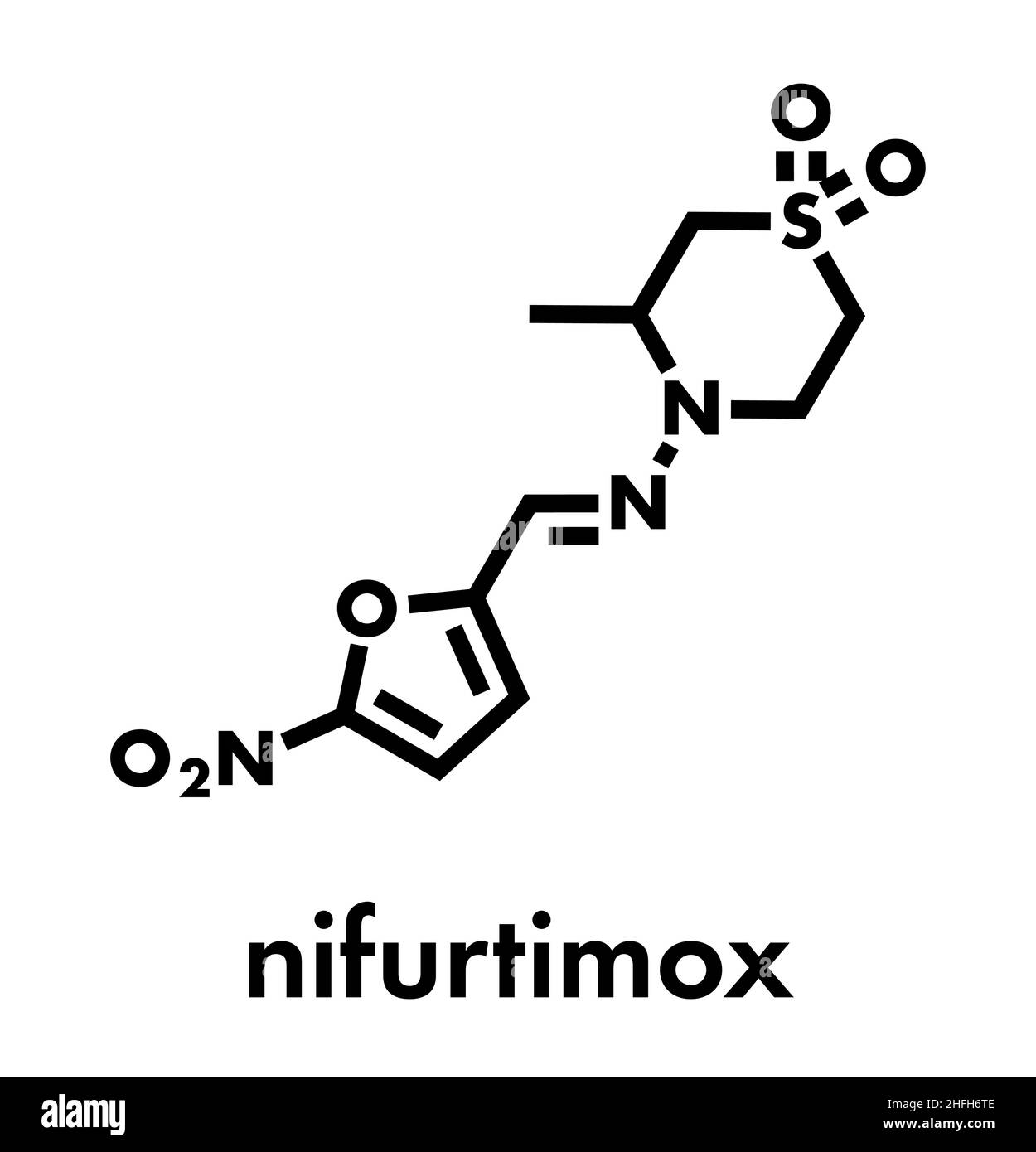 Nifurtimox antiparasitic drug molecule. Used in treatment of Chagas disease and sleeping sickness. Skeletal formula. Stock Vector