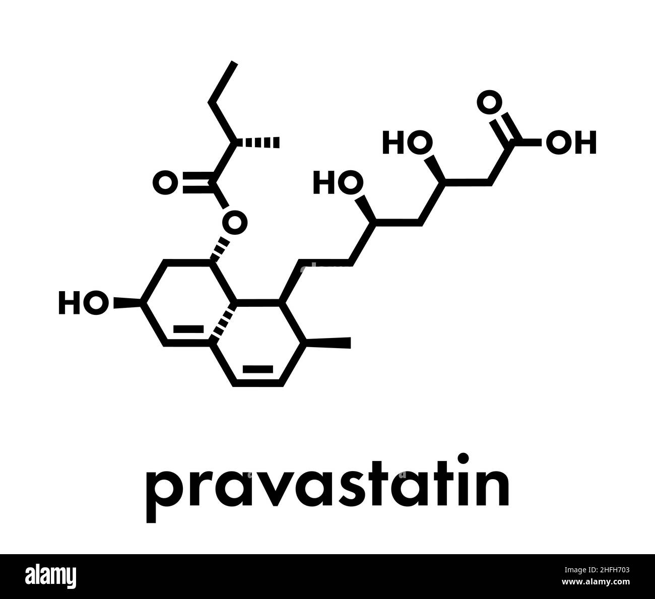 Pravastatin cholesterol lowering drug molecule. Skeletal formula. Stock Vector
