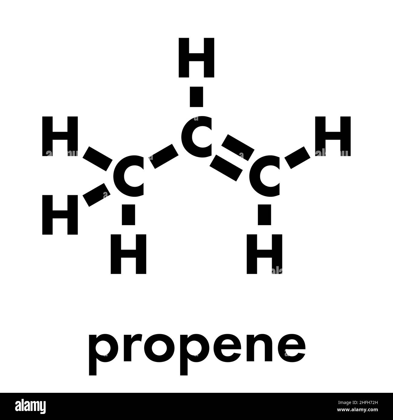 Propene (propylene) molecule. Polypropylene (PP, polyprene) building block material. Skeletal formula. Stock Vector