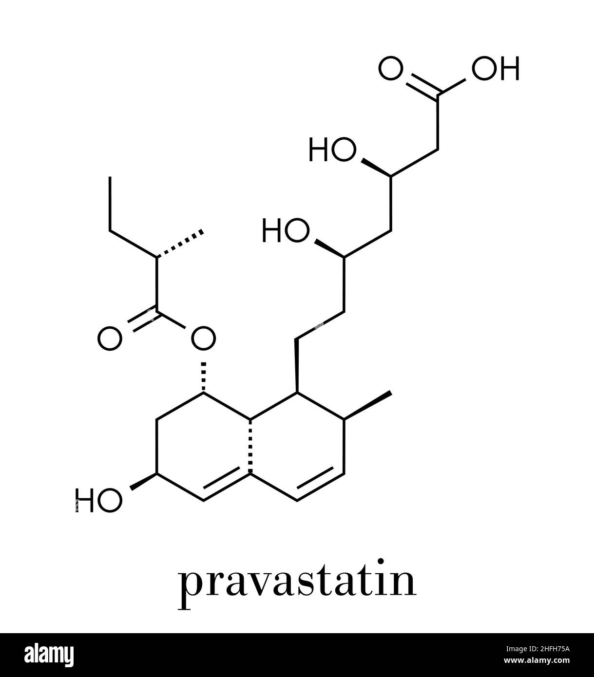 Pravastatin cholesterol lowering drug molecule. Skeletal formula. Stock Vector