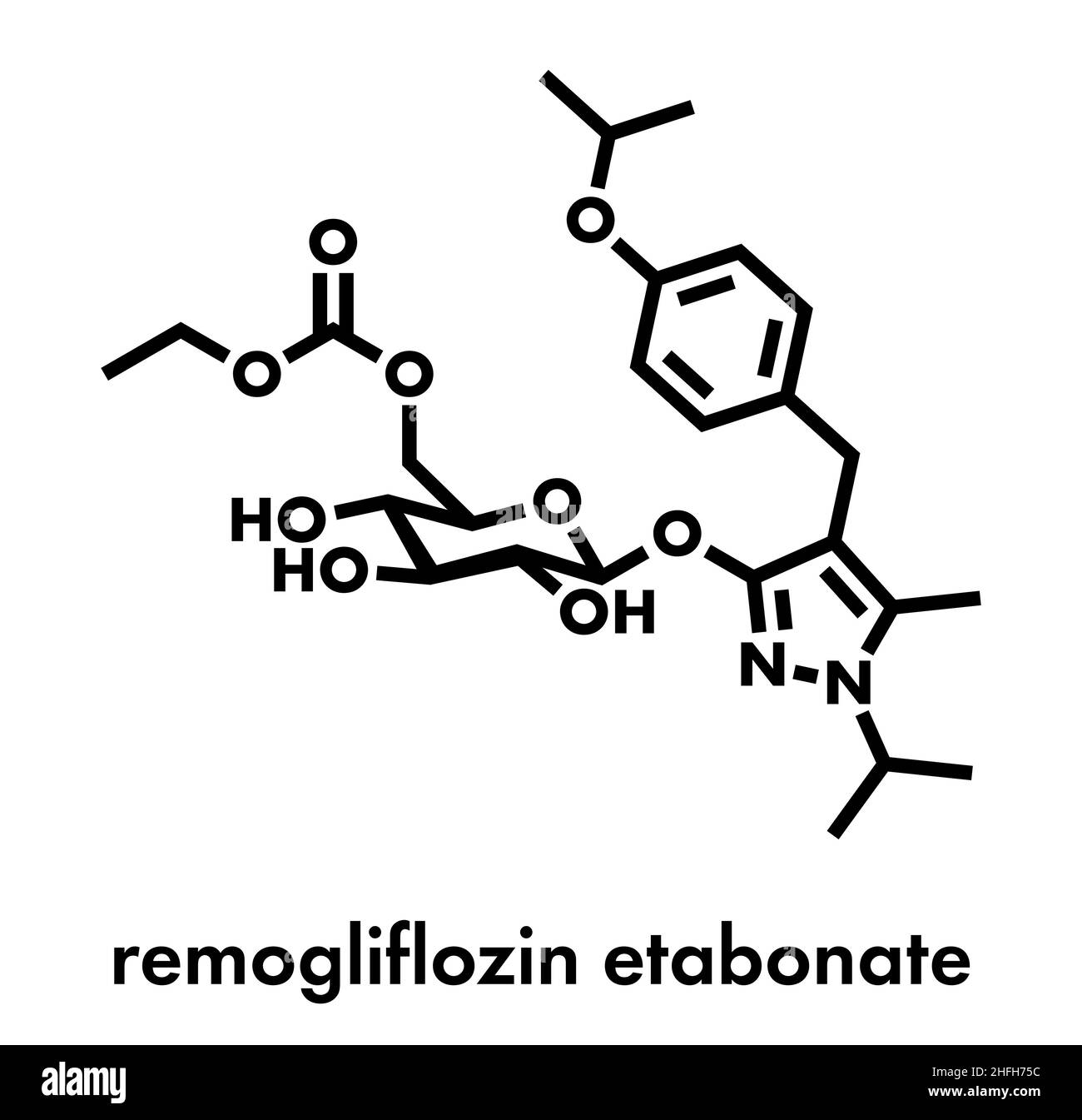 Remogliflozin etabonate drug molecule. Skeletal formula. Stock Vector