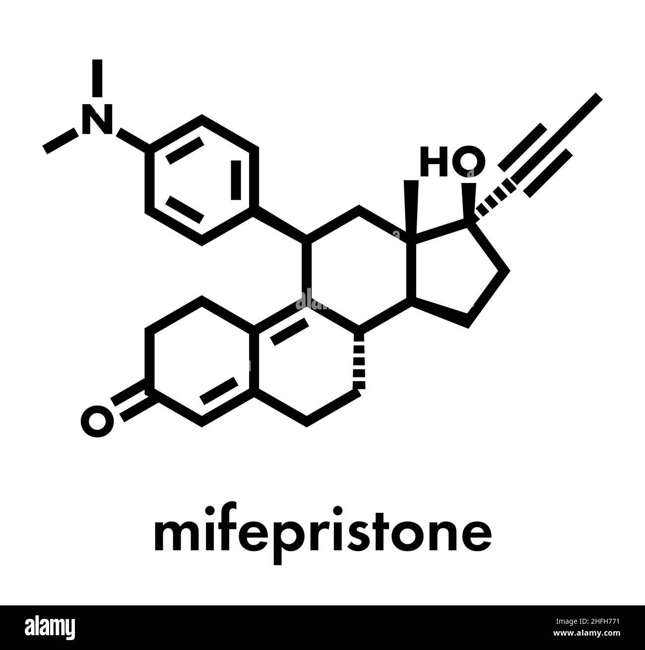 Mifepristone abortion inducing drug molecule. Also used as emergency contraceptive agent. Skeletal formula. Stock Vector