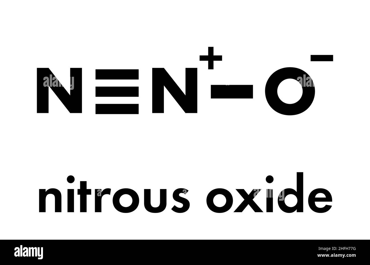 Nitrous oxide (NOS, laughing gas, N2O) molecule. Used in surgery as analgesic and anesthetic drug, and also as oxidizer in rocket motors and combustio Stock Vector